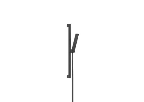 Hansgrohe Brauseset mit einer schmalen, mattschwarzen Brausestange, die an der Wand montiert ist, und einem kompakten Brausekopf.